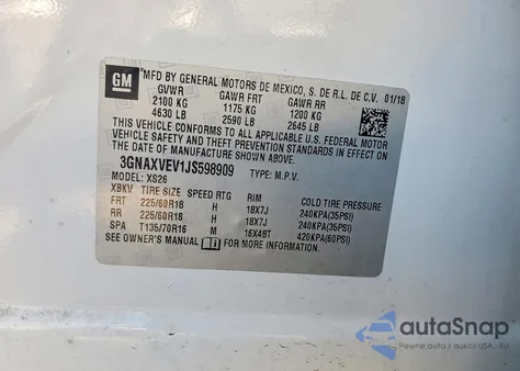 2018 Chevrolet Equinox Premier z USA, uszkodzony, nr VIN 3GNAXVEV1JS598909